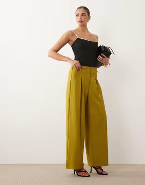 エイソス レディース ボトムス カジュアルパンツ ワイドレッグ ASOS DESIGN slinky twill tailored slouchy wide leg pants - part of a set Green グリーン