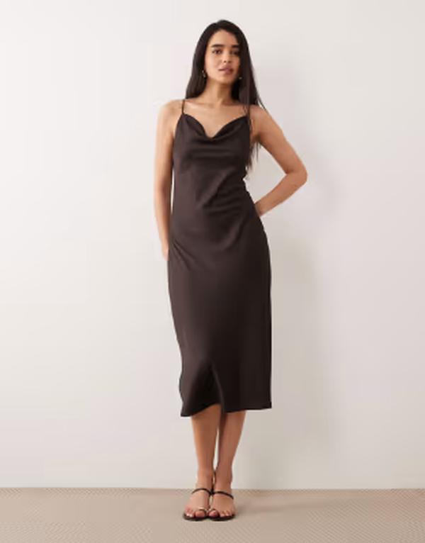 オンリー レディース トップス ワンピース ミディ ONLY cowl neck midi dress in chocolate BROWN ブラウン