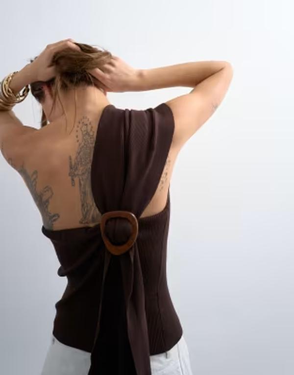 トップショップ レディース トップス ベスト リブニット Topshop rib knit wrap scarf top in chocolate チョコレート