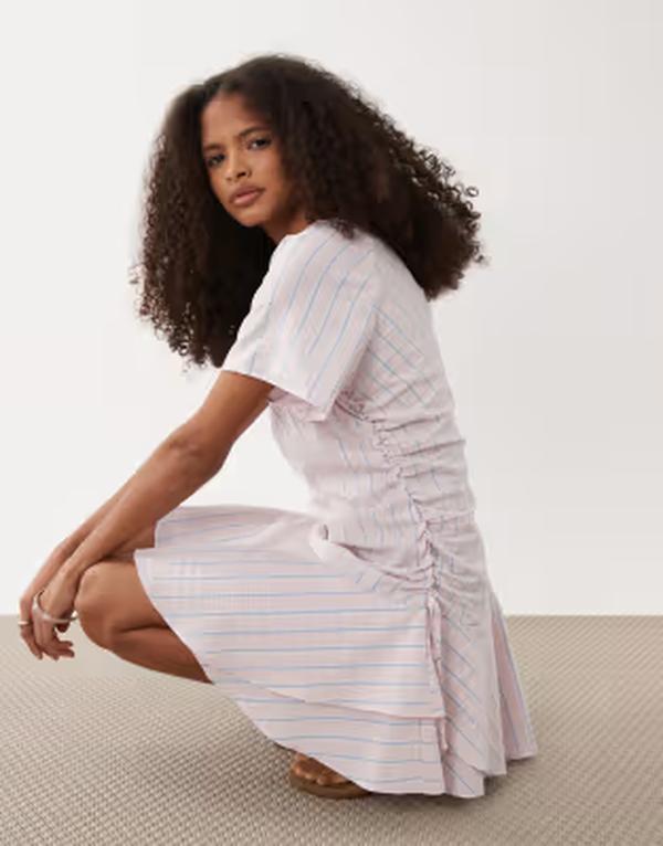 エイソス レディース トップス ワンピース ギャザー ミニ ASOS DESIGN short sleeve mini dress with ruched tie waist detailing and blue stripes Pink and blue stripe ブルー