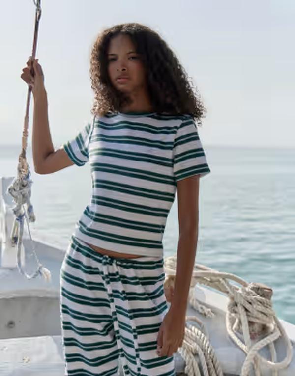 フォース&レックレス レディース トップス Tシャツ パイル 刺繍 ロゴ 4th & Reckless terrycloth embroidered logo baby tee in baby blue stripes - part of a set Blue stripe ブルー