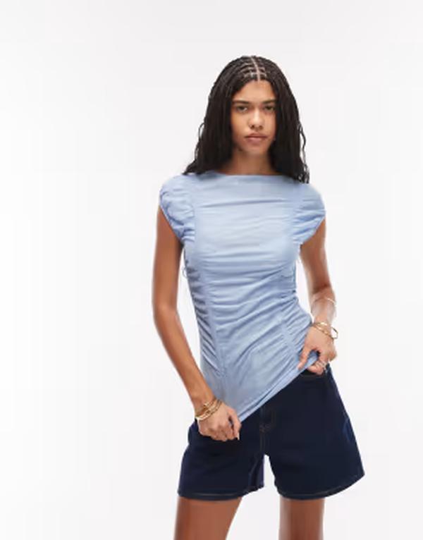 アンドアザーストーリーズ レディース トップス シャツ ギャザー キャップ & Other Stories ruched top with cap sleeves in light blue ブルー