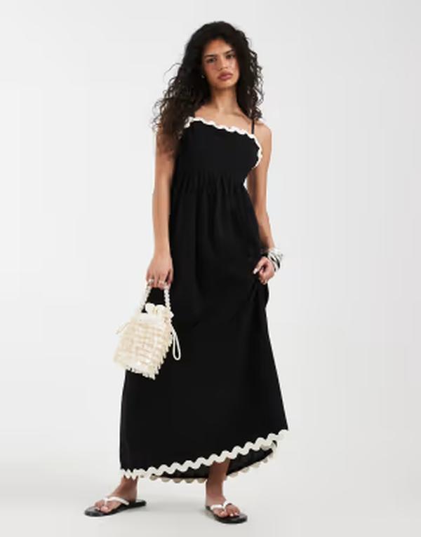 ヴェロモーダ レディース トップス ワンピース コントラスト マキシ Vero Moda cami maxi dress with contrast scallop trim Black birch ブラック｜ReVida 店