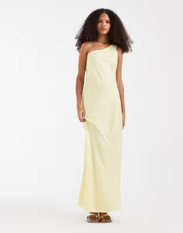 オブジェクト レディース トップス ワンピース サテン マキシ Object one shoulder satin maxi dress in butter yellow Sunlight イエロー