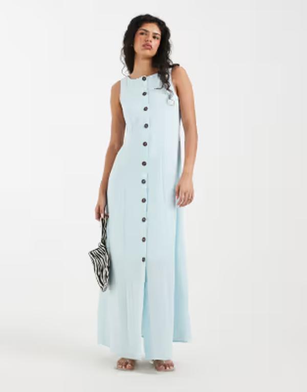 ヴェロモーダ レディース トップス ワンピース リネン マキシ Vero Moda linen look button front maxi dress in delicate blue ブルー|ReVida 店
