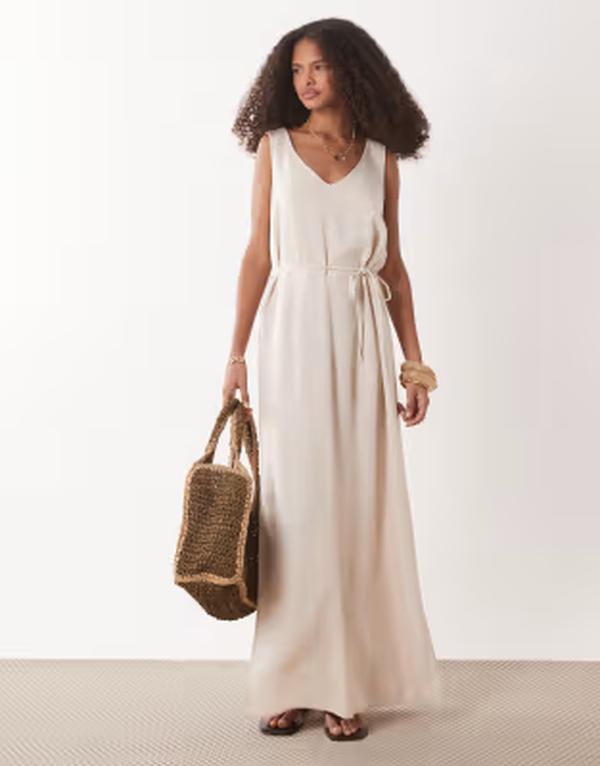 ジェイディーワイ レディース トップス ワンピース リネン マキシ JDY tie waist linen blend maxi dress in oatmeal STONE ストーン