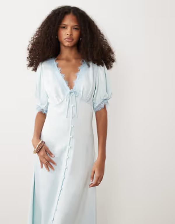 ミスセルフフリッジ レディース トップス ワンピース レーストリム サテン レース マキシ Misselfridge lace trim satin button up maxi dress BLUE ブルー
