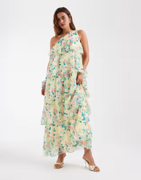 ヴェロモーダ レディース トップス ワンピース ティアード フラワー柄 プリント フリル マキシ フラワー Vero Moda Felicia one shoulder tiered maxi dress with ruffle detailing in yellow based floral print Flan イエロー