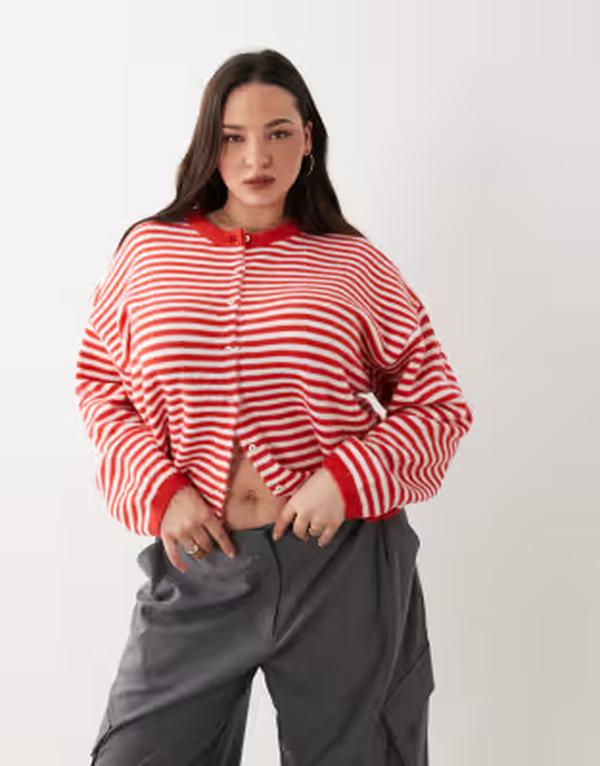 エイソス レディース アウター カーディガン ASOS Curve ASOS DESIGN Curve lightweight relaxed cardigand white stripes RED & WHITE STRIPE ホワイト｜ReVida 店