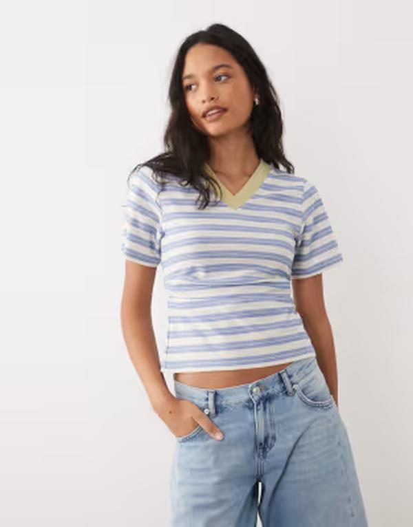 エイソス レディース トップス Tシャツ Vネック ウエストマーク コントラスト ASOS DESIGN contrast rib v neck cinched waistop stripe Blue stripe ブルー