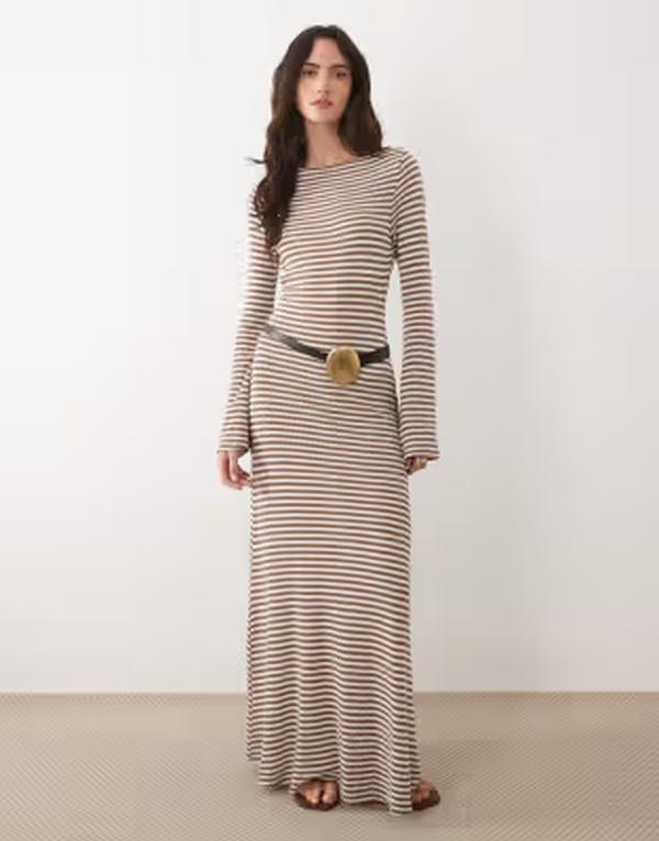 エイソス レディース トップス ワンピース マキシ ASOS DESIGN crochet look fabric long angel sleeve maxi dress in monochromatic stripes Mono stripe ストライプ