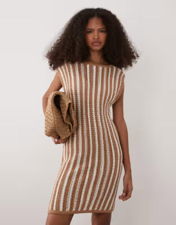 エイソス レディース トップス 衣装 ミニ ASOS DESIGN striped crochet mini dress Neutral stripe 縞模様 レディースファッション-ワンピース