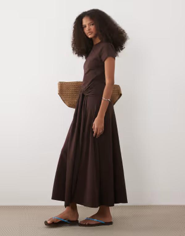 エイソス レディース トップス ワンピース ASOS DESIGN short sleeve midaxi dress with tie waist in chocolate Brown ブラウン
