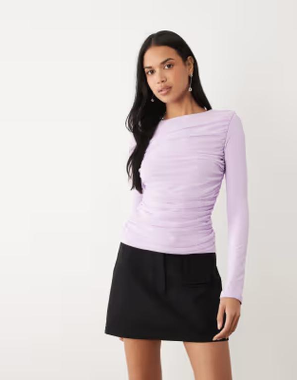 エイソス レディース トップス Tシャツ ギャザー メッシュ ASOS DESIGN mesh ruched long sleeve top in lilac ライラック