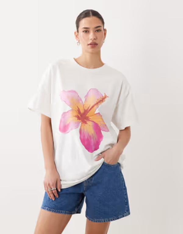 ミスセルフフリッジ レディース トップス Tシャツ プリント Misselfridge oversized t-shirt withibiscus print WHITE ホワイト