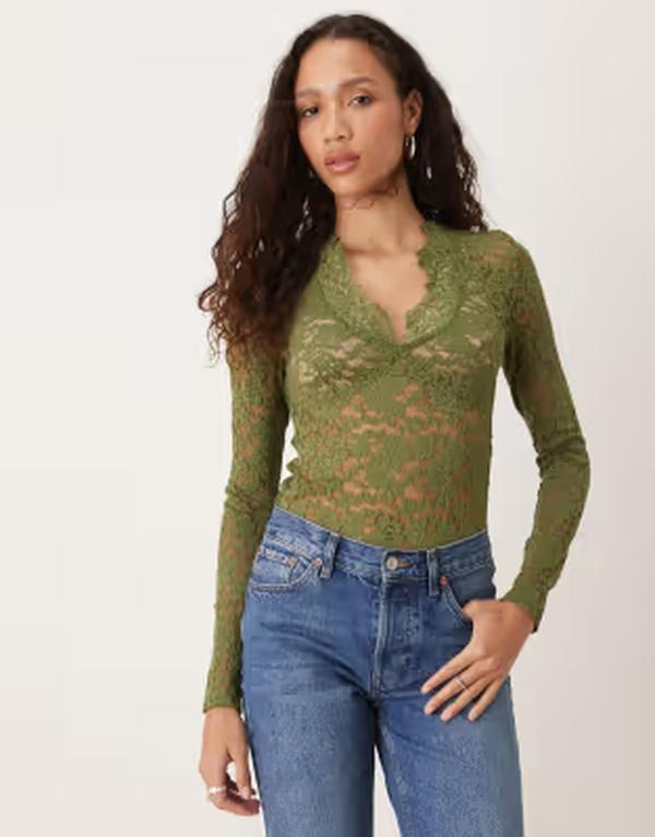 フリーピープル レディース トップス シャツ レース Free People all day lace long sleeve top TERRARIUM GREEN グリーン