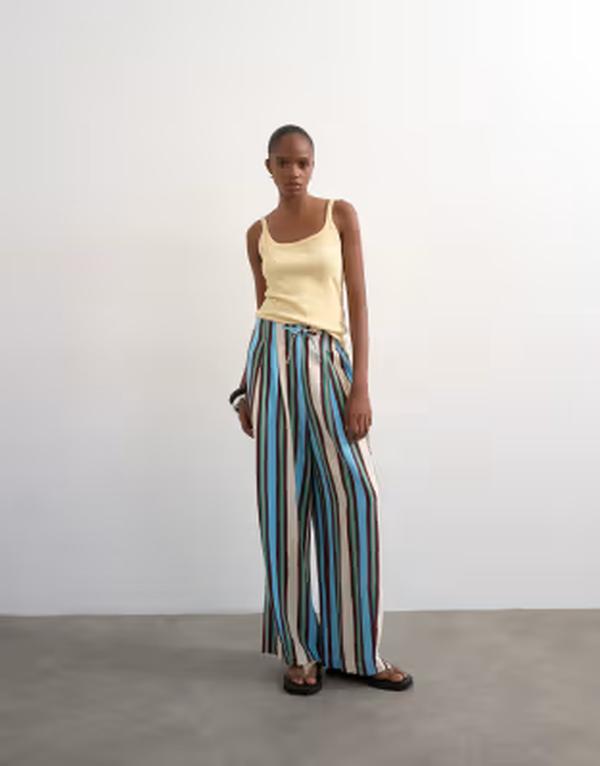 トップショップ レディース ボトムス カジュアルパンツ リネン Topshop linen blend balloon pants with tie waist in variegated stripes blue ブルー|ReVida 店