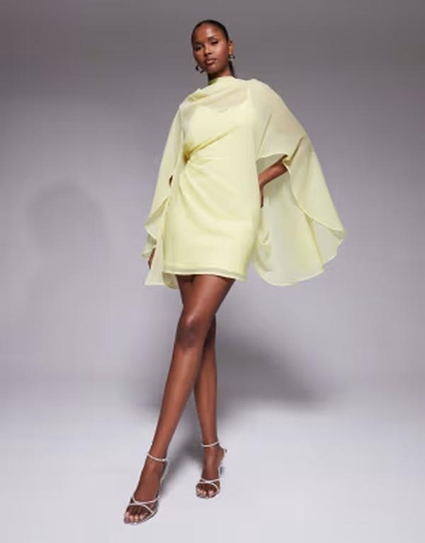 エイソス レディース トップス ワンピース ケープデザイン ハイネック ドレープ ミニ キャップ ケープ ASOS DESIGN high neck drape front extreme cape sleeve mini dress in yellow イエロー