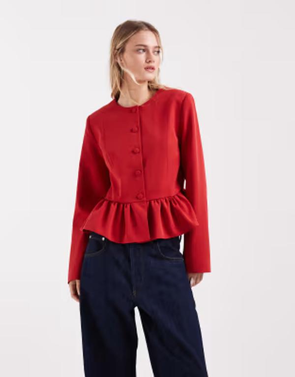 エイソス レディース アウター ジャケット・ブルゾン ボタンダウン ブレザー ASOS DESIGN button down peplum blazerED レッド