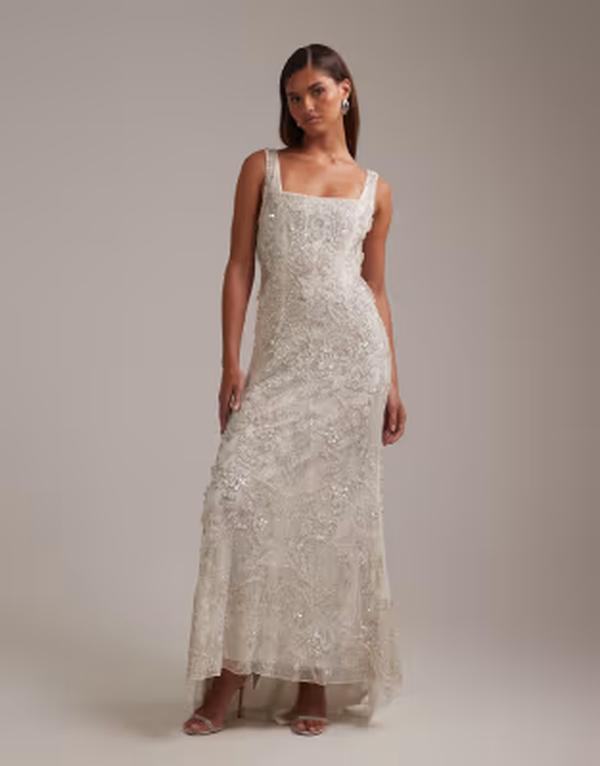 エイソス レディース トップス ワンピース マキシ ASOS DESIGN ornate crystal embellished square neck maxi wedding dress Ivory アイボリー