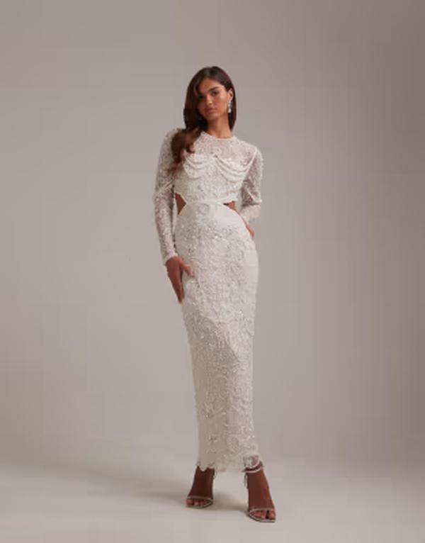 エイソス レディース トップス ワンピース マキシ ASOS DESIGN Bridal ornate faux pearl embellished column wedding maxi dress with cutaway waist Ivory アイボリー｜ReVida 店