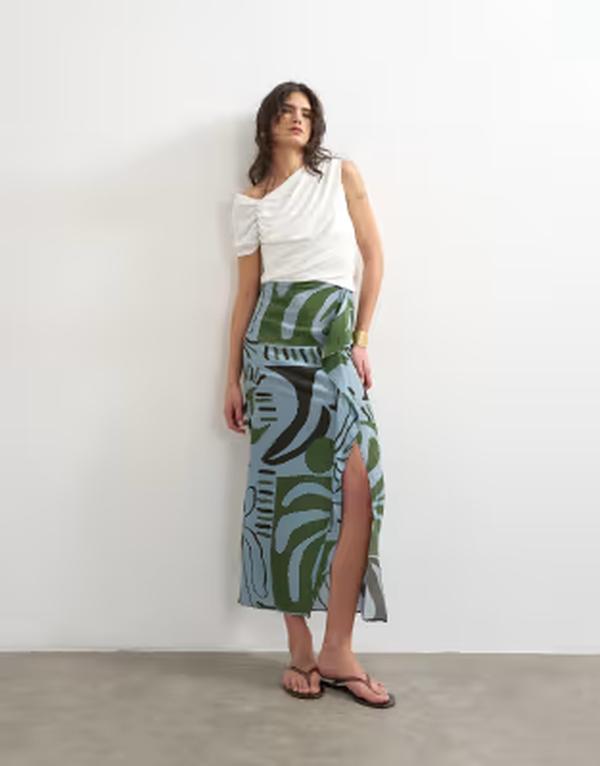 トップショップ レディース ボトムスカート プリント マキシ Topshop sarong maxi skirt abstract leaf print - part of a set Abstract ブルー