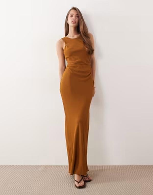 エイソス レディース トップス ワンピース オープンバック ドレープ リネン マキシ ASOS DESIGN draped open back trim detailinen look maxi dress in tobacco｜ReVida 店