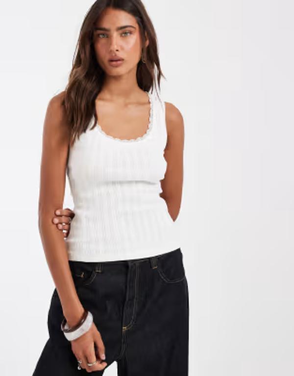 エイソス レディース トップス ベスト ASOS DESIGN pointelle scoop neck tank top in cream クリーム|ReVida 店