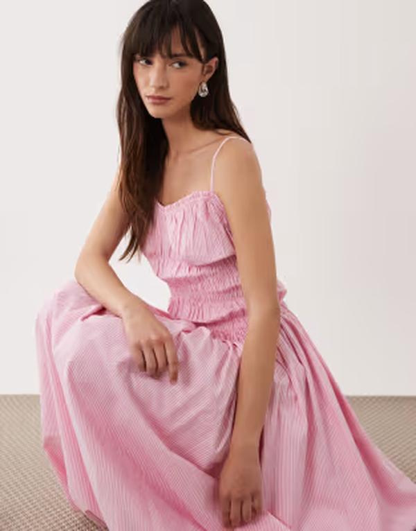 エイソス レディース トップス ワンピース コットン マキシ ASOS DESIGN shirred cotton poplin maxi sundress with dropped waistripes Pink Stripe ピンク