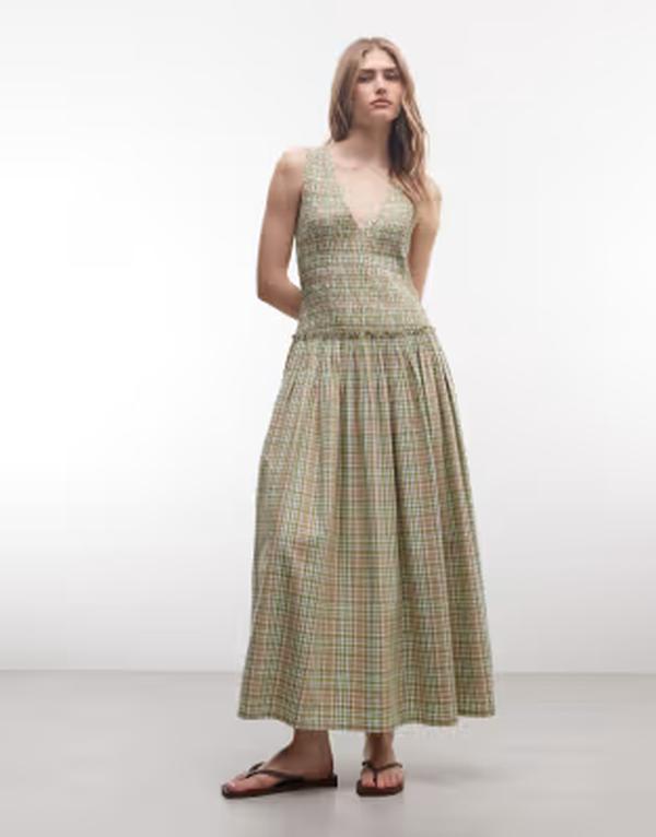 コルージョン レディース トップス ワンピース Vネック マキシ COLLUSION shirred v-neck maxi dress plaid GREEN グリーン