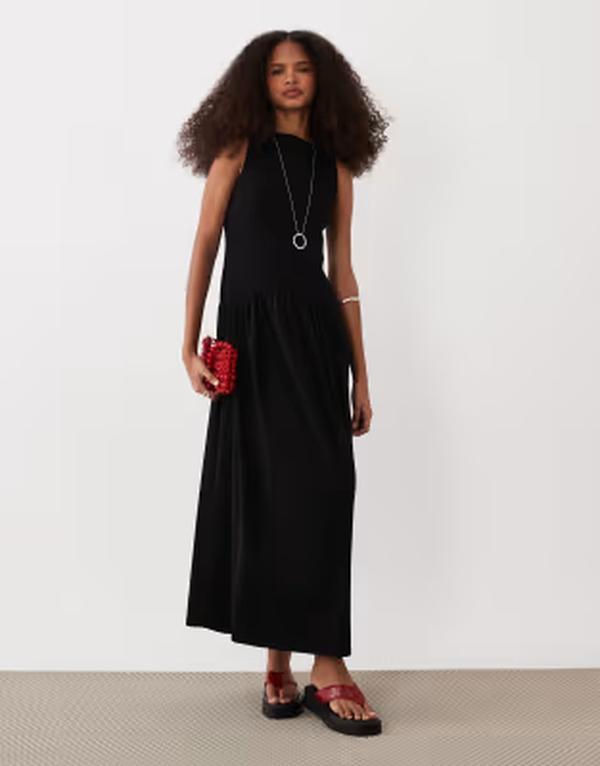 エイソス レディース トップス ワンピース ミディ ASOS DESIGN rib mix midi dress with drop waist Black ブラック