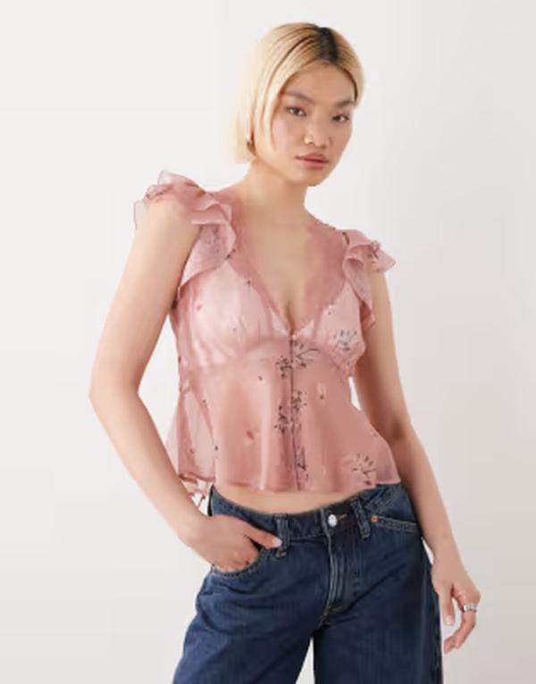 リクレイム ヴィンテージ レディース トップス シャツ ボタンダウン レーストリム フラワー柄 プリント ダウン レース フラワー Reclaimed Vintage dressy button down top with lace trim floral print pink ピンク|ReVida 店