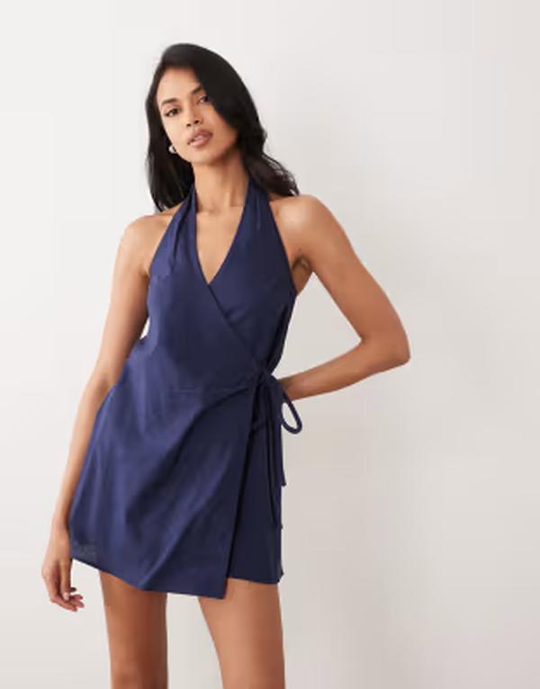エイソス レディース トップス 衣装 ミニ 綿織物 リネン ホルター ASOS DESIGN cotton-linen blend halter neck wrap mini sundress Navy 米国海軍