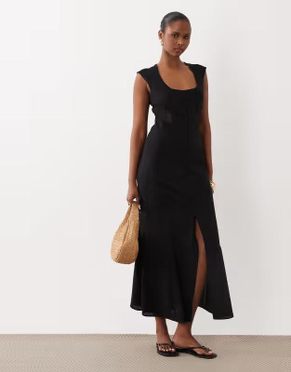 エイソス レディース トップス ワンピース ボタンダウン ミディ ダウン ASOS DESIGN square neck button down midi sundress Black ブラック