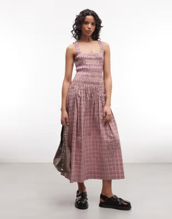 コルージョン レディース トップス ワンピース ミディ COLLUSION square neck shirred midi dress plaid PINK ピンク