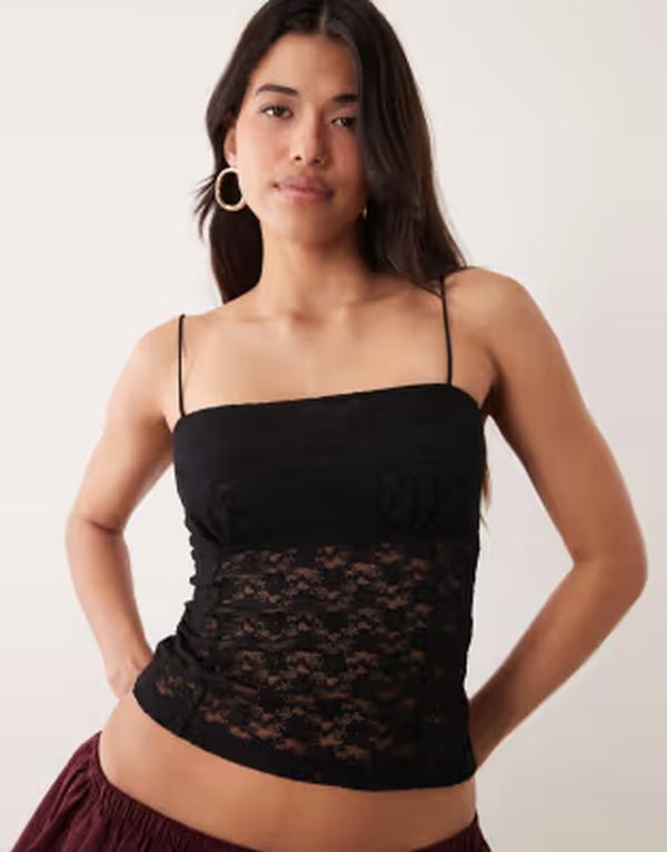 エイソス レディース トップス プルオーバー スピード競技 ASOS DESIGN lace square neck strappy cami top Black 黒いこと トップス-シャツ・ブラウス
