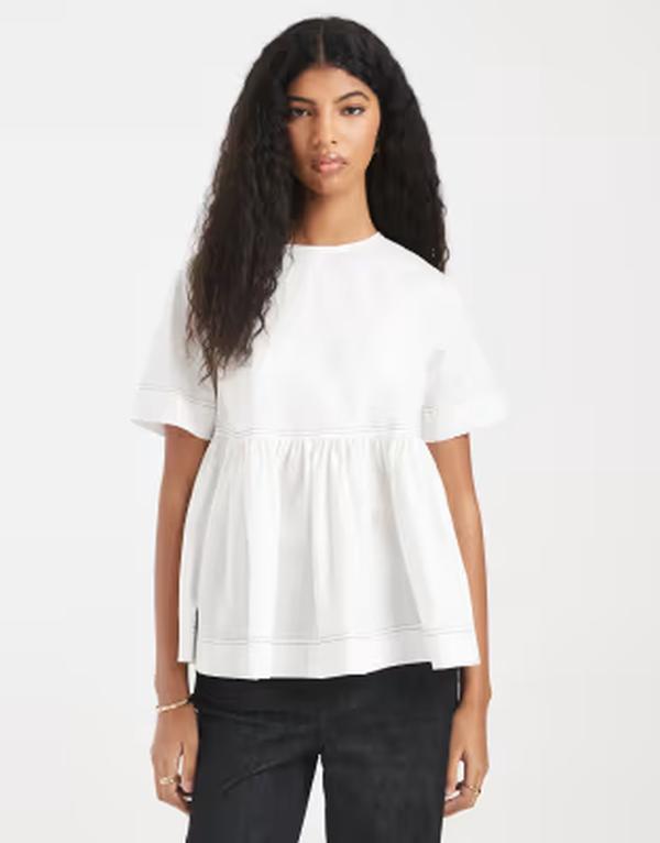 エイソス レディース トップス シャツ コントラスト ASOS DESIGN contrastitch peplum top white ホワイト