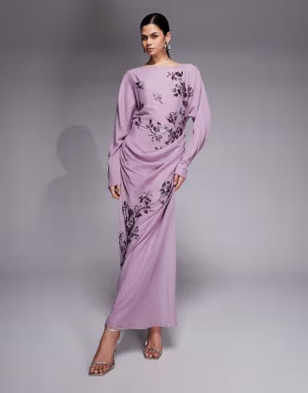 エイソス レディース トップス ワンピース フラワー柄 ドレープ マキシ フラワー ASOS DESIGN floral embellished long sleeve draped maxi dress in mauve 40,820円