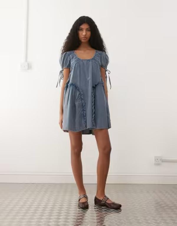 リクレイム ヴィンテージ レディース トップス ワンピース デニム Reclaimed Vintage denim smock dress with pintuck and seam details in washed Gray グレー