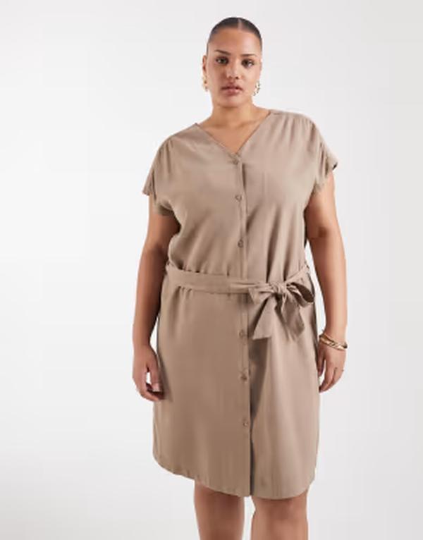 オンリーカーブ レディース トップス ワンピース ミニ ONLY Curve tie waist mini dress in taupe gray グレー