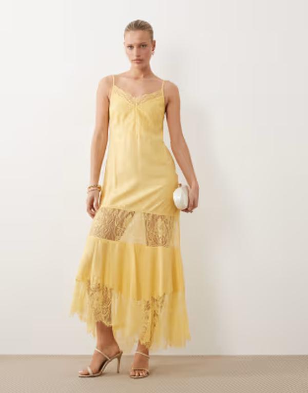 エイソス レディース トップス ワンピース レース マキシ ASOS DESIGN lace insert hanky hemaxi dress in ochre YELLOW イエロー｜ReVida 店