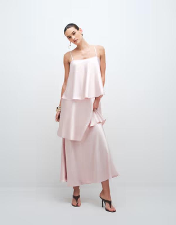 フォース\u0026レックレス レディース トップス 衣装 ティアード 繻子 マキシ 4th \u0026 Recklesstrappy tiered satin cami maxi dress PINK サクラ色 ワンピース-レディースファッション
