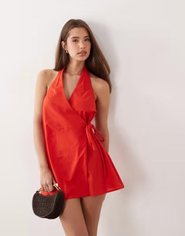 エイソス レディース トップス 衣装 ミニ 綿織物 リネン ホルター ASOS DESIGN cotton-linen blend halter neck wrap mini sundress Red 赤いこと
