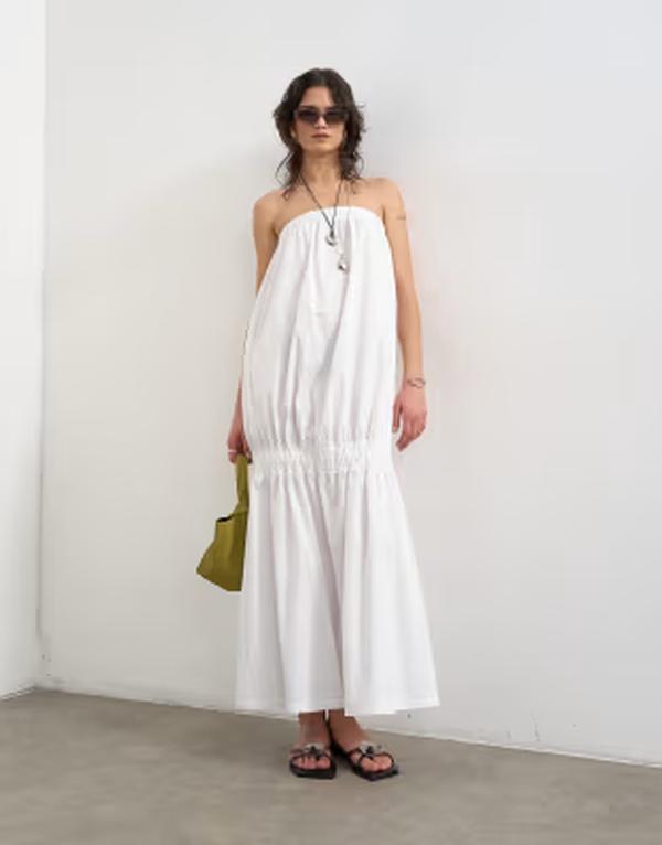 トップショップ レディース トップス ワンピーストラップレス マキシ Topshop straplessuper dropped waist poplin maxi dress White ホワイト
