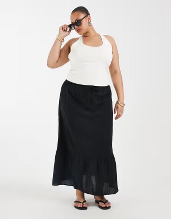 ヴェロモーダ レディース ボトムスカート マキシ Vero Moda Curve textured boho maxi skirt Black ブラック｜ReVida 店