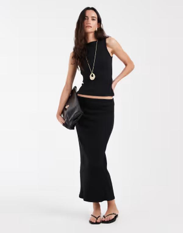 ヴェロモーダ レディース ボトムスカート リブニット ミディ ニット ジャージー Vero Moda flat rib knit jersey midi skirt Black ブラック