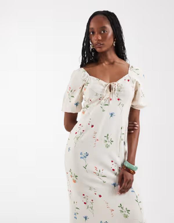 ベロモーダ レディース トップス ワンピース フラワー柄 プリント マキシ フラワー Vero Moda Tall puff sleeve tie front detail maxi dress in cream floral print Birch Bina クリーム