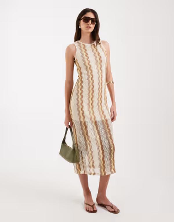 ヴェロモーダ レディース トップス ワンピース ミディ シアー ノースリーブ Vero Moda sheer lined crochet sleeveless midi dress ineutral stripe Birch Stripes ストライプ｜ReVida 店
