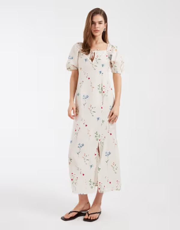 ヴェロモーダ レディース トップス ワンピース フラワー柄 プリント マキシ フラワー Vero Moda puff sleeve tie front detail maxi dress in cream floral print Birch Bina クリーム｜ReVida 店