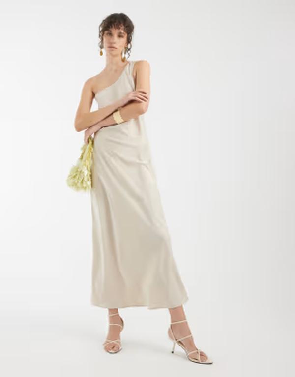 オブジェクト レディース トップス ワンピース サテン マキシ Object one shoulder satin maxi dress in sandshell